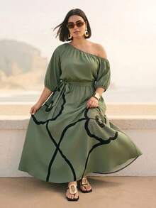 CAJUNI Plus Size Women's Vacation Asymmetrical Shoulder Floral Print Elegant Dress Summer - Multicolor - View 4