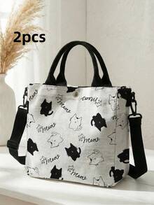 2pcs Cat Print Canvas Tote Bag, Snap Closure, Detachable Crossbody Shoulder Strap, Large Capacity Multi-Purpose Shoulder Bag, Suitable For Daily, Travel And School Use - Multicolor - View 12
