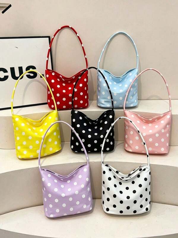 New Niche Women's Polka Dot Nylon Bag, Versatile One Shoulder Underarm Bag, Bucket Bag/Tote Bag, With Shoulder Strap And Zipper Design, Suitable For Commuting And Daily Outings, Can Store Lipstick, Phone, Keys, Cosmetics, Documents, Etc., Also The Best Gift For Friends, Halloween, Christmas Gift, Travel Essential (Polka Dot Print Size Randomly Distributed)