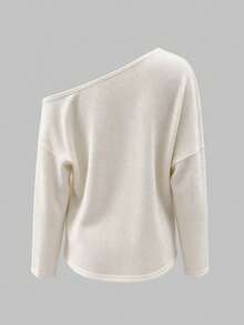 2026 Autumn/Winter New Sweater Knit Top Long Sleeve Loose Fit Off-Shoulder Asymmetric Collar Ribbed Knit Blouse Bohemian Y2K Millennium Style Sexy Gentle Casual Commute Home Holiday Travel Lazy Fit Dropped Shoulder Beach Pastoral Soft Girl Effortless Chic French Style Autumn/Winter Essential Vacation Island Outfit Daily Street Date Wear Asymmetrical Neck Design Plus Size Friendly - Beige - View 11