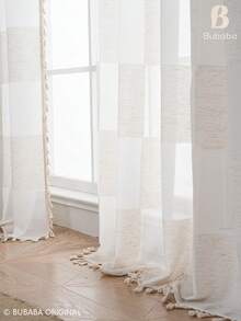 Bubaba Boho Textured Sheer Curtain Panel With Tassel Trim, Beige Patchwork Voile Window Drapes For Living Room, Bedroom And Farmhouse Decor - Beige - View 2