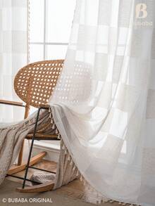 Bubaba Boho Textured Sheer Curtain Panel With Tassel Trim, Beige Patchwork Voile Window Drapes For Living Room, Bedroom And Farmhouse Decor - Beige - View 9