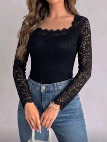 1pc Solid Color Knit Fabric Lace Patchwork Elegant Women's Long Sleeve Square Neck Top For Daily Wear And Dating In Autumn/Winter - Black - View 8