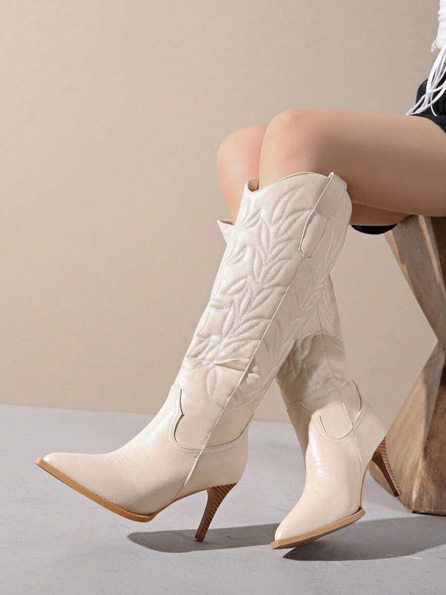 Women's 2026 Autumn/Winter New Pointed Toe Embroidered V-Cut Slimming Tall Boots - White - View 1
