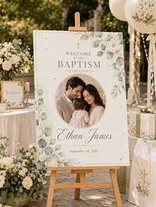 Baptism Welcome Sign, Baptism Sign, Baby Boy & Girl Baptism Decor, Religious Milestone Event Entrance Display Board, Customized Personalized Baptism Sign, Floral & Bow, Catholic & Christian Party Decoration, First Communion Welcome Sign, Frameless - Multicolor - View 5