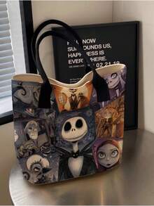 Disney Halloween-Themed Portable Vintage Cartoon Skeleton Jack And Sally Collage Print Handbag, Suitable For Girls And Women - Black - View 10