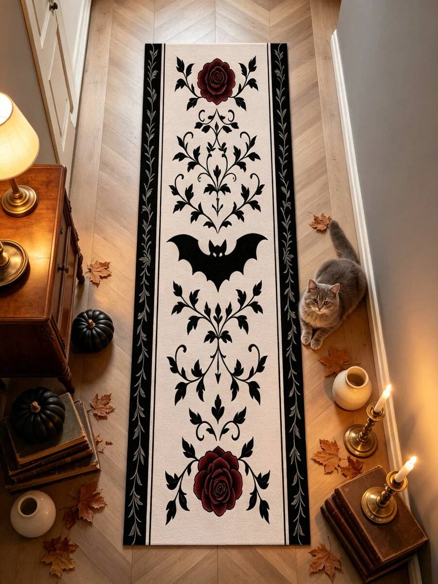 1 pieza Alfombra pasillera con diseño de murciélago y rosa, alfombra larga para pasillo, decoración del hogar, alfombra de área para sala de estar, decoración de habitación, alfombra lavable, regalo de Halloween - Murciélago rosa - Ver 1