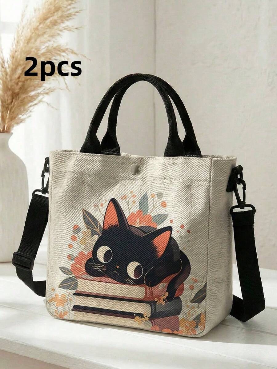 2pcs Cat Print Canvas Tote Bag, Snap Closure, Detachable Crossbody Shoulder Strap, Large Capacity Multi-Purpose Shoulder Bag, Suitable For Daily, Travel And School Use - Multicolor - View 1