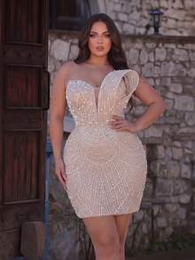 Plus Size Elegant Strapless Evening Gown With Crystal Pearl Chain And Sequin Decor, Adjustable Back Wedding Party Fall - Champagne - View 1