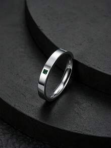 MONALLY Minimalist Stainless Steel Simple Thin Band Ring For Women, Tiny Square Green Cubic Zirconia Minimalist Stackable Ring Daily Jewelry Gift - Ring - View 4