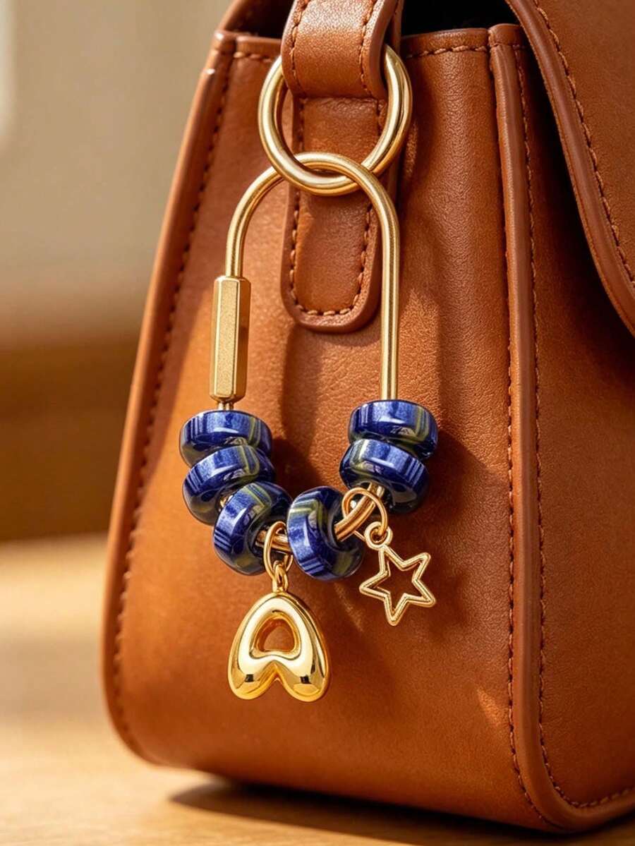Blue Beaded Letter Keychain,Simple Brass Keychain Holder Clasp With Star Pendan,Fashion Bag Charms, Car Keychain,Gift For Women Girls Handbag Decor - Multicolor - View 1