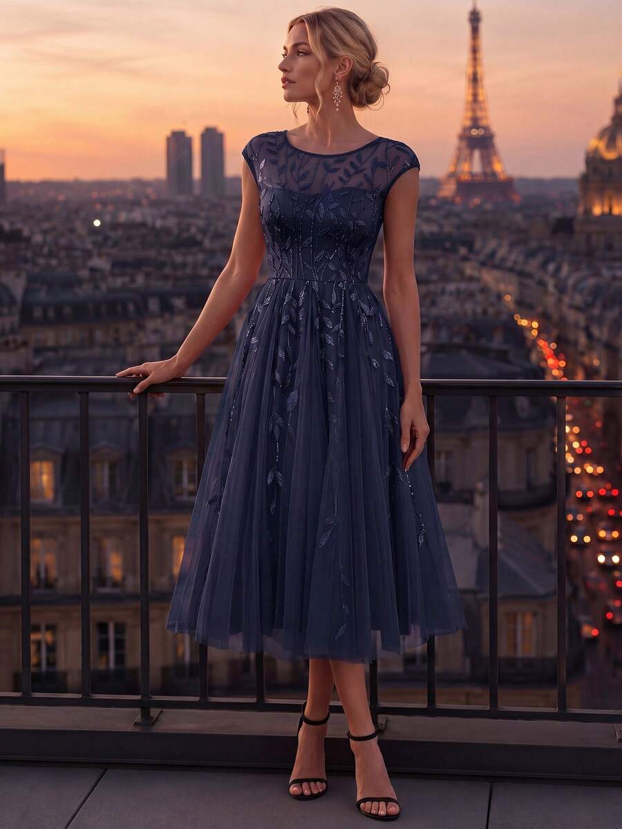 EVERPRETTY Summer Luxury Navy Blue Floral Leaf Sequin Sleeveless Round Neck Mid-Length Sparkling Formal Evening Gown For Party Cocktail Semi-Formal Occasions
