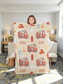 Personalized Fire Truck Pattern Fleece Blanket, Custom Name Print, Soft Warm Throw Blanket, Custom Decor - Multicolor - View 4