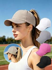 1 pieza Gorra de béisbol de malla transpirable de secado rápido de unicolor con cola de caballo y visera de pato ajustable - Gorra de béisbol de secado rápido para coleta - Ver 1