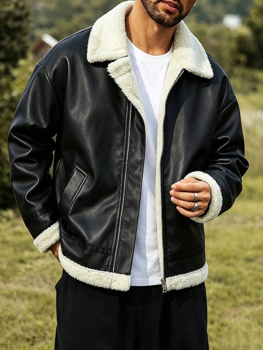 Men's Black Jacket, Lapel Design, Zipper Closure, Autumn/Winter Jacket Outerwear - Black - View 1