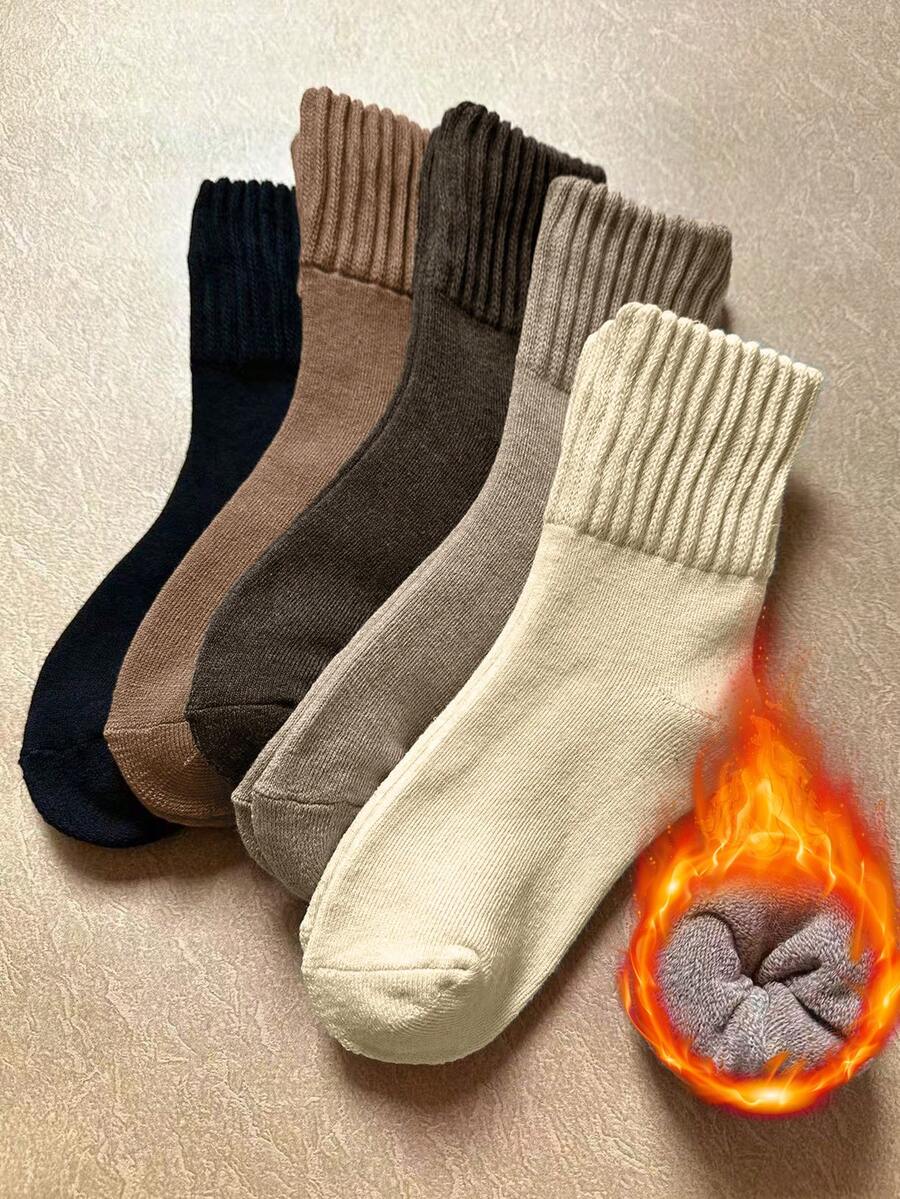 5 Pairs Women's Mid-Calf Socks, Solid Color, Marron Tone, Thermal Lined, Thickened, Warm, Cold-Resistant, Fashionable, Versatile, Suitable For Home, Sleep And Daily Wear - Multicolor - View 1