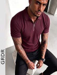 GRDR Men's Solid Color Short Sleeve Zipper Design Casual Versatile T-Shirt - Burgundy - View 3