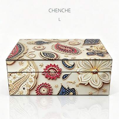 1pc Large Capacity Paisley Floral Printed Glass Jewelry Box, Black Velvet Lined Rectangular Vintage Decorative Accessory Storage Organizer For Vanity Bedroom Holiday Gift