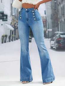 Women's High Waist Wide Leg Jeans With Button Detail - Blue - View 4