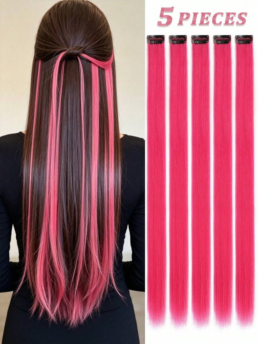 5pcs/Set Light Pink Clip-In Hair Extensions, Synthetic Fiber Wigs For Women, Can Be Matched With Various Hairstyles Without Going To The Salon, Suitable For Daily Use And Parties