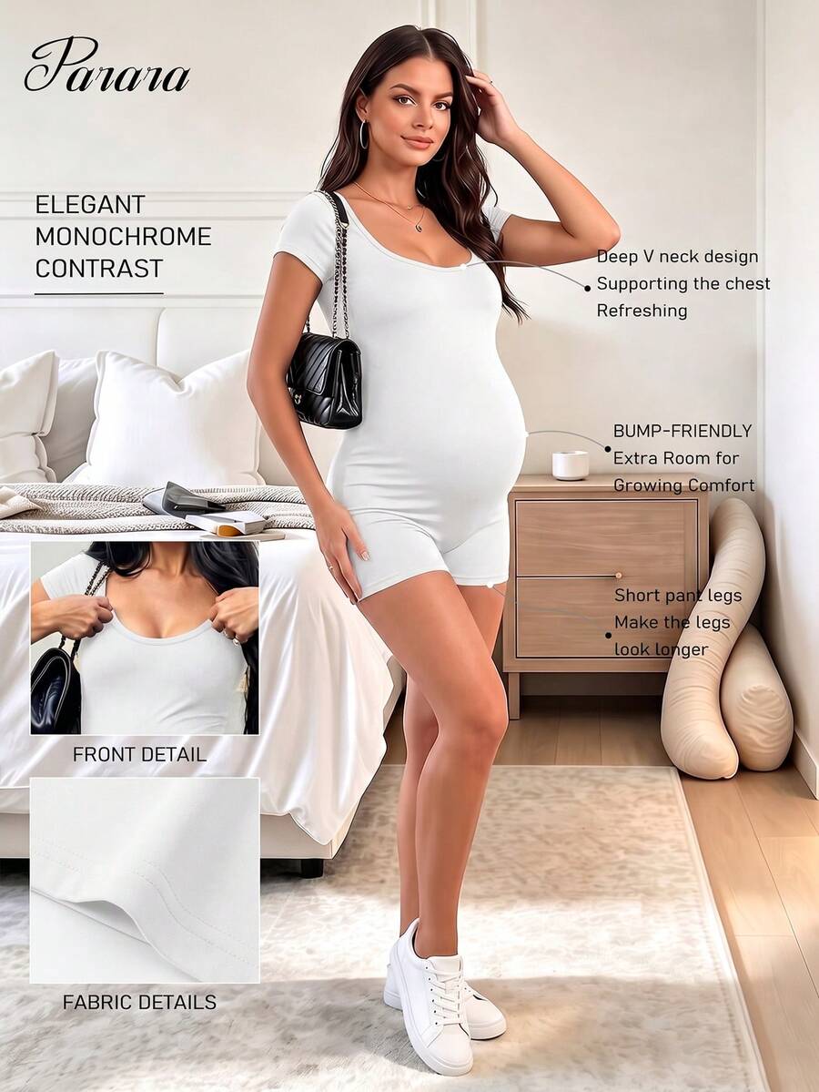 Maternity Solid Color Romper, Casual And Comfortable, Minimalist Style White Summer - White - View 1