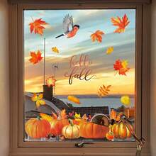 4入組「Hello Fall」窗貼，知更鳥、南瓜與楓葉圖案窗貼，雙面秋季豐收感恩節玻璃貼紙，適合居家窗戶裝飾 - 彩色 - 查看 5