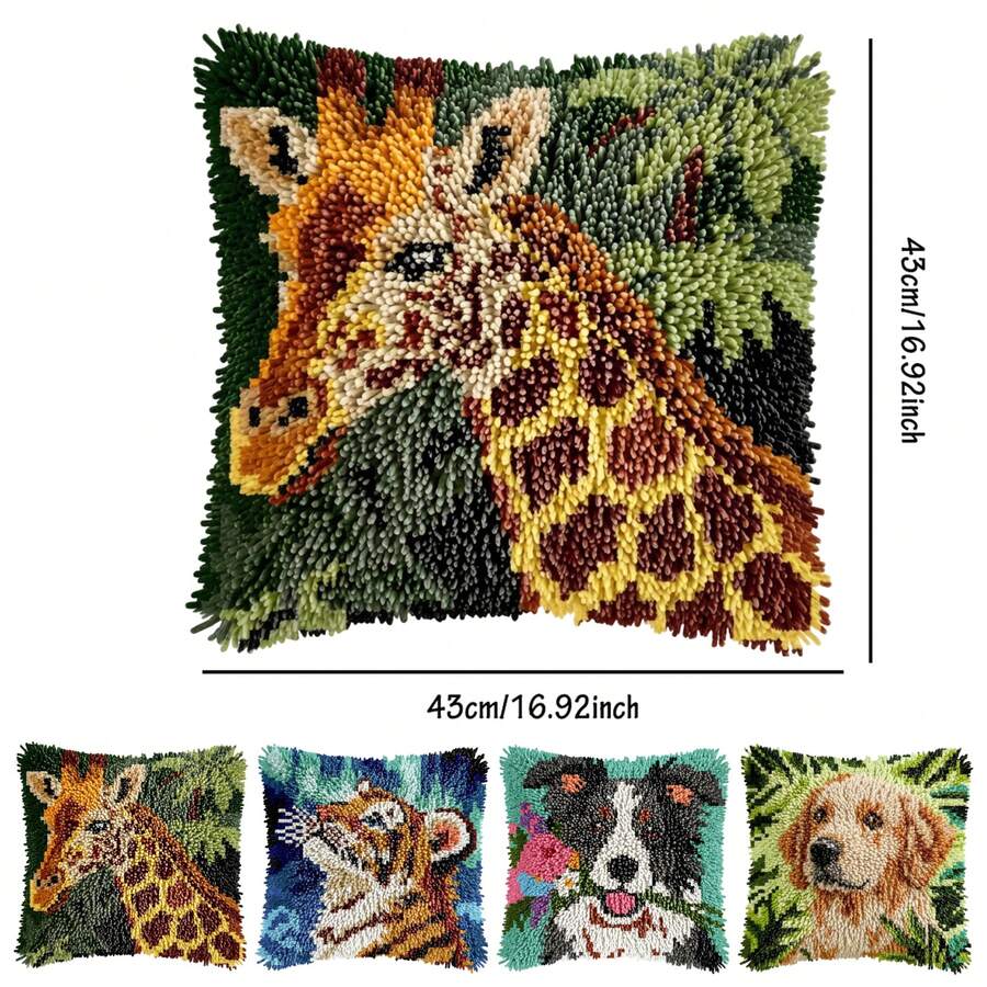 Latch Hook Kit For Adults & Beginners. Cute Animals: Tiger, Giraffe & Dog. Includes Mesh Base, Yarn & Hook. Finished Piece For Sofa, Bedroom, Living Room, Garden Or Office Decor. Great For Thanksgiving, Christmas & Birthday Gifts. 43x43cm/17in.