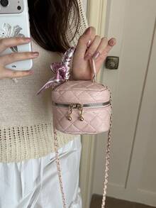 Pink Rhombus Chain Small Square Bag Mini Handheld Makeup Bag Versatile Crossbody Bag Heart Pendant Commuter Handbag - Pink - View 8