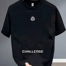 Extra Large Minimalist T-Shirt For Men With "CHALLENGE" Text And Abstract Logo, Soft Cotton Top For Urban Style And Skate Culture - 黑色 - 查看 1