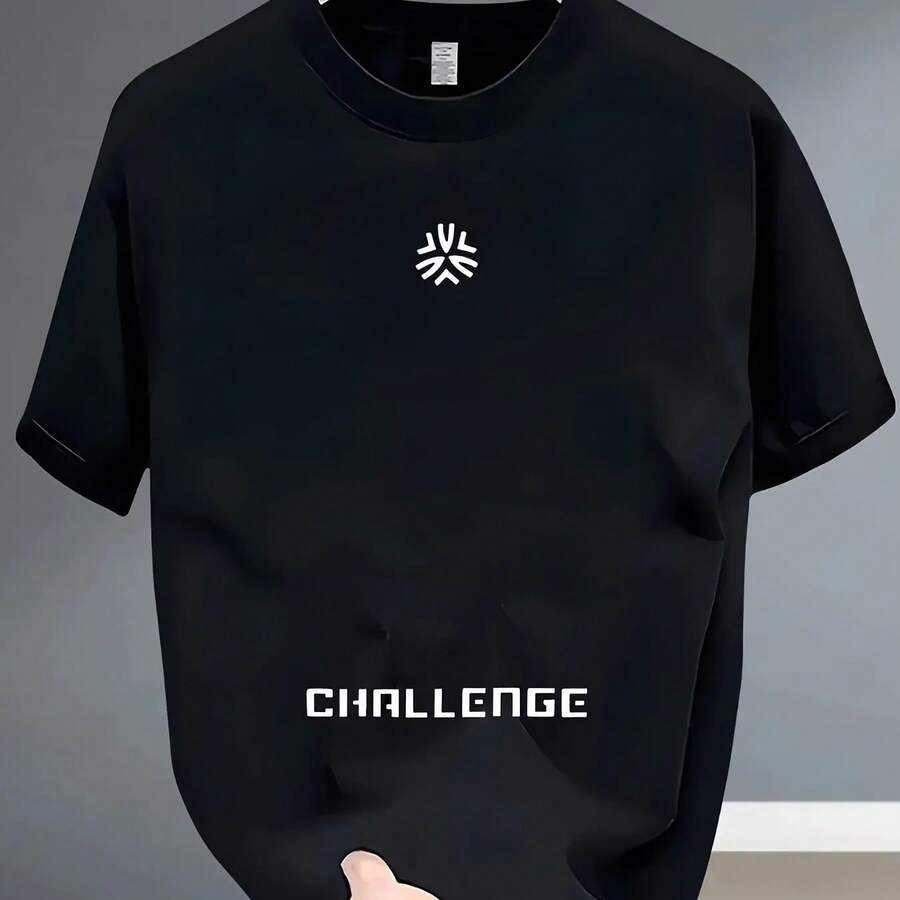 Extra Large Minimalist T-Shirt For Men With "CHALLENGE" Text And Abstract Logo, Soft Cotton Top For Urban Style And Skate Culture - 黑色 - 查看 1