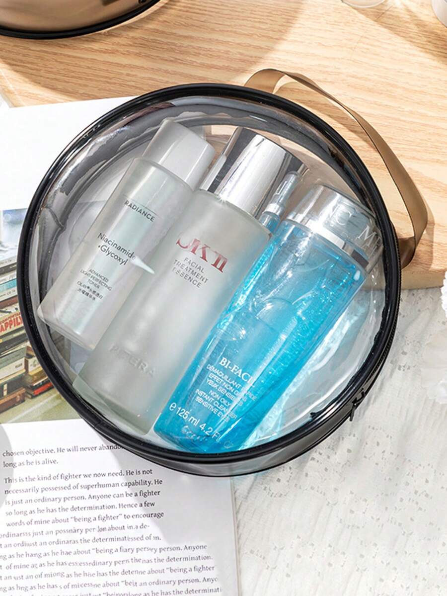 1pc PVC Transparent Makeup Bag, Round Handbag, Multifunctional Waterproof Toiletry Bag, Essential Bathroom Storage Bag For Travel - View 1