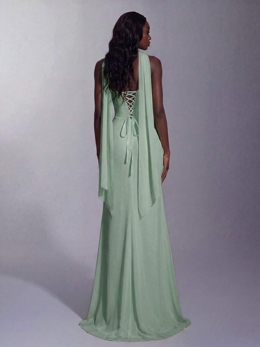 Elegant Heart-Shaped Neckline Ruched Bustier Maxi Dress, High Slit Fitted Mermaid Silhouette Wedding - Mint Green - View 1