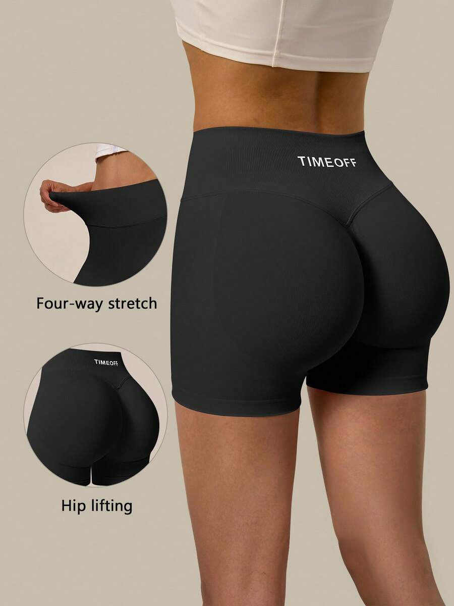 TimeOff 1 pieza Shorts deportivos de mujer de unicolor con cintura alta, banda de cintura acanalada y glúteos fruncidos - Negro - Ver 1