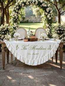 Customized Name Heart-Shaped Table Runner With Ruffle Edge, Personalized Established Date Satin Tablecloth, White Ruffle Edge Wedding Head Table Decor, Dove Pattern Embroidered Tablecloth, Bridal Shower, Reception, Engagement, Rehearsal Dinner, Farmhouse Wedding - Multicolor - View 4