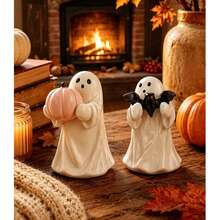 Artesanía plana de acrílico, decoración de escritorio de Halloween, figura de fantasma lindo sosteniendo calabaza y murciélago, decoración del hogar de otoño, adecuada para estantería, escritorio, repisa, dormitorio, sala de estar, decoración de fiesta de temporada estilo japonés lindo y espeluznante, regalo de decoración de habitación de Halloween y otoño para mujeres y niñas - 2pcs - Ver 3