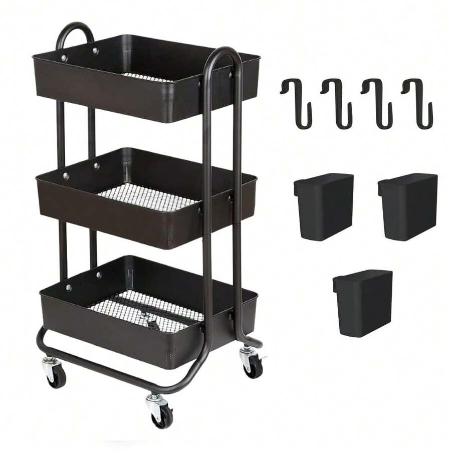 Multipurpose Kitchen Storage Cart With Wheels, Black (Includes 3 Hanging Baskets And 4 Hooks)