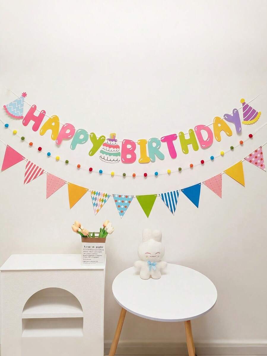 3pcs/1set Birthday Bunting, Triangle Flags, Cake, Pom Poms First Birthday Atmosphere Scene Decoration, Suitable For Birthday Party Bunting Banner, Theme Party - Raise the Flag - View 1