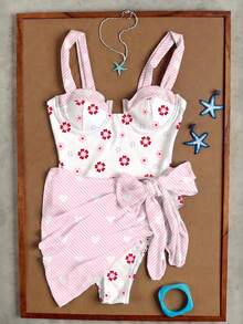 Women's Light Blue Floral Plaid Spaghetti Strap Swimsuit, Sweet Girl Beach Vacation Style Two Pieces Bikini Set, Spring/Summer 2026 - Multicolor - View 1