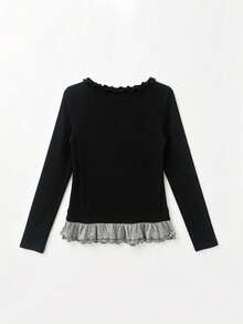 Women's Autumn 2 In 1 Patchwork Long Sleeve Base Layer Top With Frill Trim Cardigan Style - Black - View 2