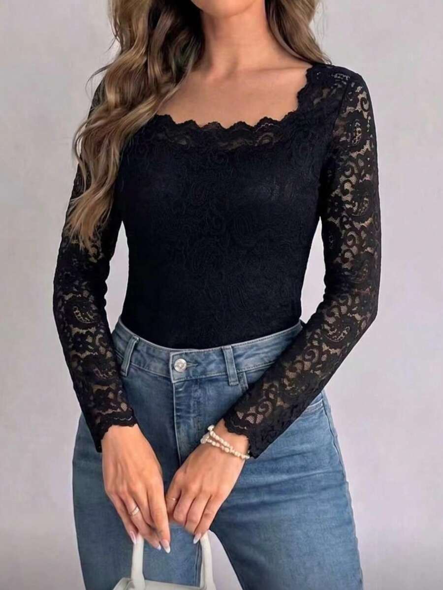 1pc Solid Color Knit Fabric Lace Patchwork Elegant Women's Long Sleeve Square Neck Top For Daily Wear And Dating In Autumn/Winter - Black - View 1