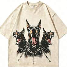 2026 New Arrival Summer Unisex Cerberus Doberman Graphic T-Shirt,Sleeve Tee, Gothic Three-Headed Dog Print Oversized Top For Streetwear - 杏色 - 查看 10