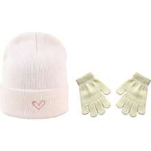3pcs Autumn/Winter New Heart Embroidery Solid Color Kids Knit Hat & Gloves Set, Thickened Versatile Knitted Hat For Baby - Multicolor - View 8