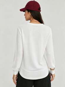 Women's Autumn/Winter Curved Hem Small Waffle Texture Elastic Sweatshirt, Suitable For Outdoor Leisure Sports Running Hiking Cycling, Daily Commute College Style Long Sleeve Top - White - View 2