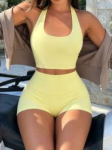 女款 2 件式運動套裝 夏季性感掛脖背心（含胸墊）+ 高腰顯臀短褲 優雅黃色 - 黃色 - 查看 3