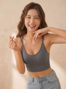 1pc Seamless Cross Back Solid Color Wireless Push-Up Comfortable Sports Bra Lifting Everyday Underwear - Dusty Blue - View 4