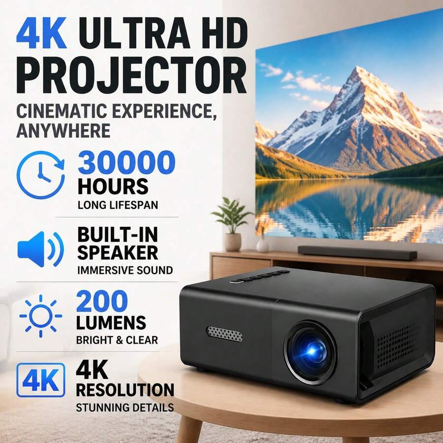 Mini Projector With Tilt Correction, 180-Degree Rotation, Built-In Speaker, Compatible With USB, Smartphone, Laptop And TV