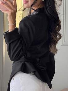 Autumn/Winter Solid Color Ruffle Collar Long Sleeve Slim Fit Waist Blazer, Elegant French Style Black Jacket For Commuting - Black - View 5