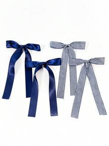 4pcs/Set Women's Solid Color Satin With Striped Plaid Ribbon Bow Hair Clips, Minimalist Style, Suitable For Daily Wear And Outings - Multicolor - View 2