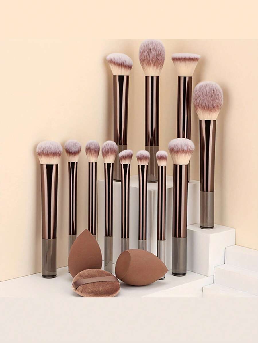 15pcs Makeup Brush Set, Including Powder Brush, Blush Brush, Highlighter Brush, Eyeshadow Brush, Mascara Brush, Eyeliner Powder, Round Powder Puff, Triangular Powder Puff, Makeup Tools - Coffee Brown - View 1