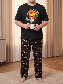 Plus Size Men's Funny Pizza Game Print Pajama Set, Summer Short Sleeve T-Shirt + All-Over Print Long Pants, Loose Casual Loungewear - Black - View 5